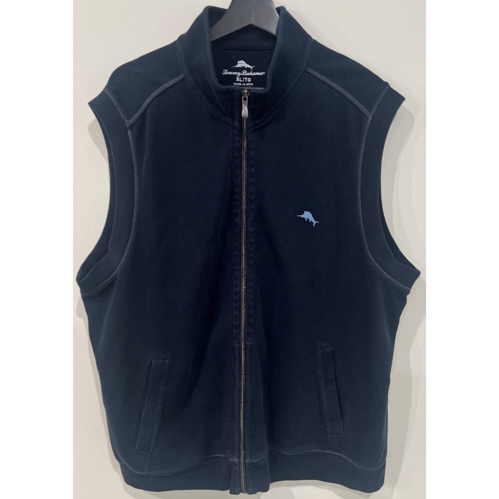 Tommy Bahama Vest Men's XL/TG Dark Navy Blue Full Zip Marlin Logo Beach